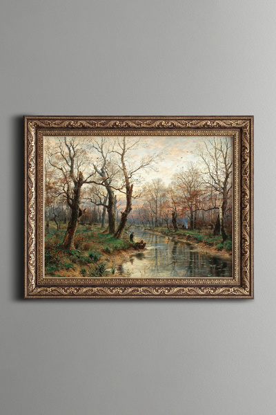 epiqart Balık Tutan Adam ve Orman Manzarası -  Vintage Desenli Çerçeve