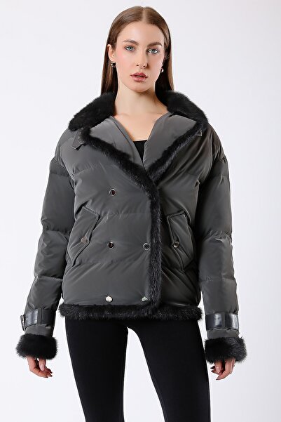 Leather Club Gri Antrasit Mink Kürk Aksesuarlı Puffer Mont