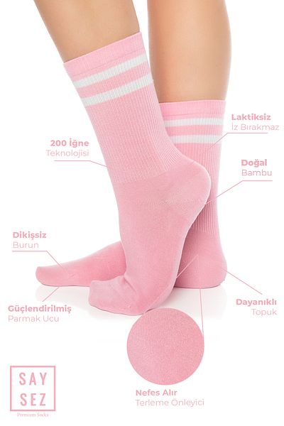 SAYSEZ Bamboo Unisex - Premium ροζ ριγέ κάλτσες τένις χωρίς ραφή 3 πακέτο