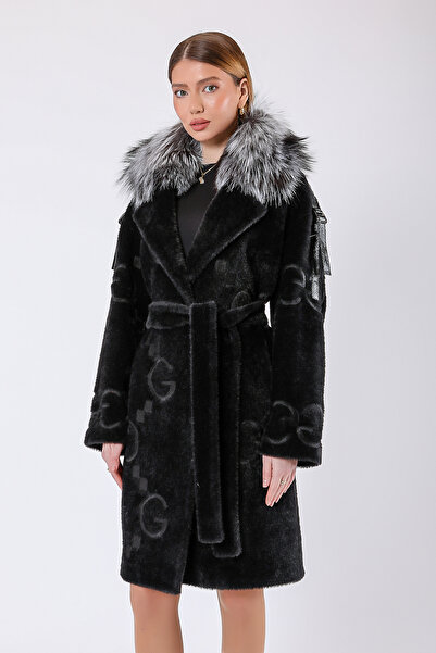 Leather Club Siyah Fox Kürk Aksesuarlı Deri Garnili Yün Kaban