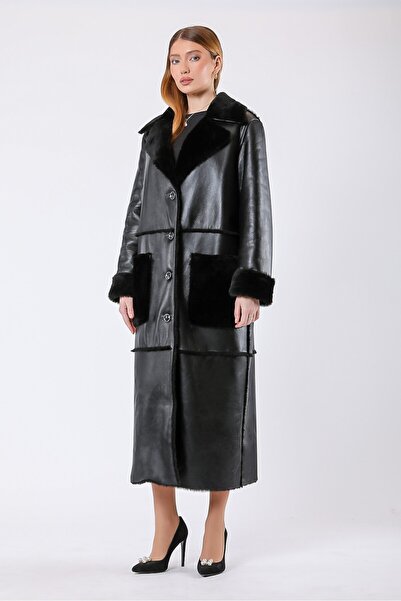 Leather Club Siyah Hakiki Deri Garnili Kürk Kaban