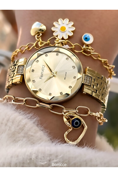 Ferrucci Yellow Color 30mm Case - Women's Watch and Bracelet with Stone Detai...