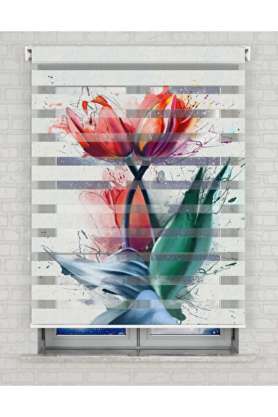 AD Home Laleler İllustrasyon Baskılı Zebra Perde - Gece Gündüz Kullanım - Sal...