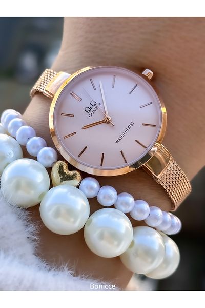 Q&Q Rose Color 35mm Case Diameter Wire Mesh Steel Thin Band Women's Wristwatch and Heart Bracelets
