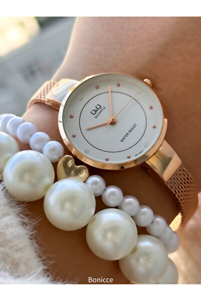 Q&Q Rose Color 30mm Case Diameter - Wire Mesh Steel Thin Band Stone Detailed Women's Wristwatch & Heart Bracelets