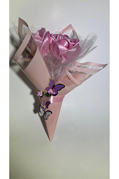 Marka BLOOSSERA ÇİÇEK Pembe Gül Buketi (saten kurdele)-Kelebek Detaylı (Gerçe...