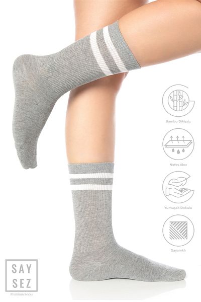 SAYSEZ Bamboo Unisex Tennis College Striped Gray Melange Premium Seamless Socks