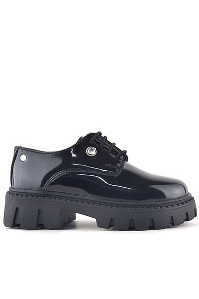 Rakerplus Black Patent Leather Laced Girls' Stone Detailed School Shoes