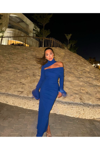 İambabydesign uzun saks mavi elbise