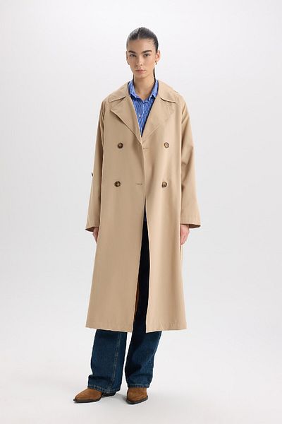 DeFacto Wasserabweisender, übergroßer, geräumiger, langer Trenchcoat mit zweireihigem Revers und Knopftasche, gefalteter Windjacke