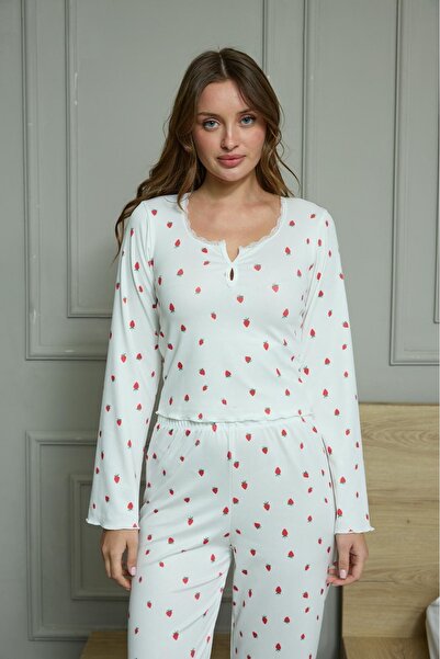 FASHION Σετ πιτζάμες φράουλα, κομψό σετ πιτζάμες με λεπτομέρεια από δαντέλα στο γιακά