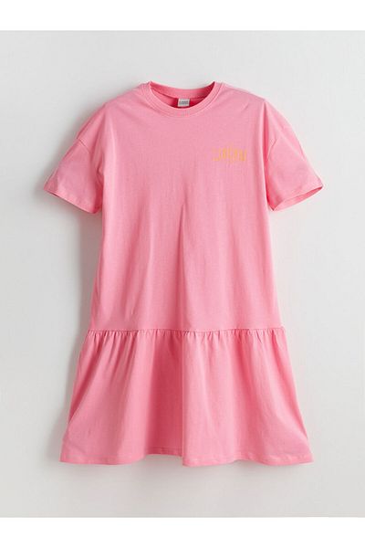 LC Waikiki Pink Crew Neck London Printed Girl's Dress