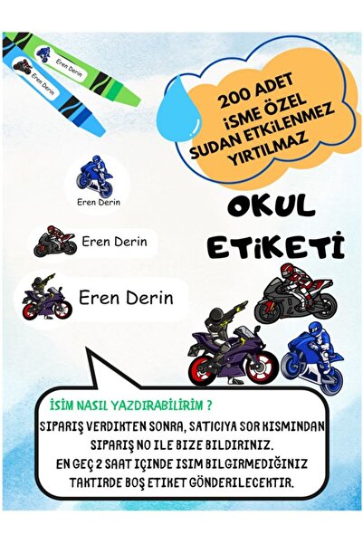 EyER Shoping Motorcu Okul Etiketi Kalem Defter Özel Isim Yazılabilen Etiket 2...
