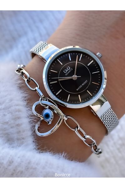 Q&Q 30mm Silver Color Rhinestone Women's Wristwatch & Heart Bracelets - Mesh Steel Thin Cord (1cm)