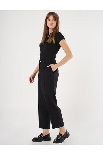 Kayra Front Buttoned Grass Stitched Trousers Black