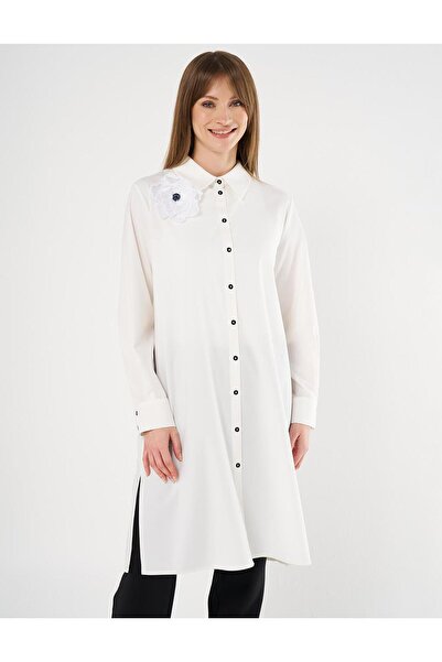 Kayra Çiçek Aplikeli Uzun Tunik Ekru