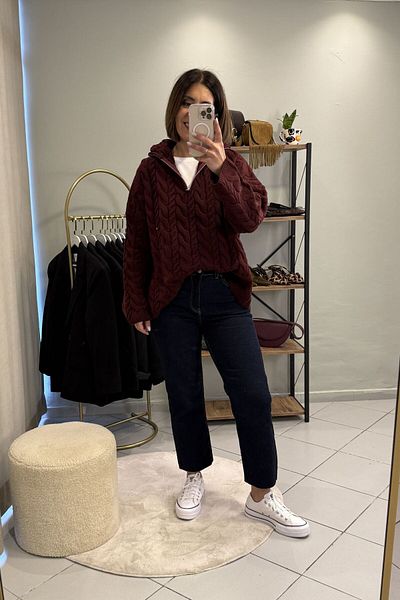 Bucle By Gizem Hair Braided Zippered Oversize Sweater Claret Red
