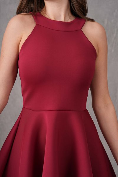bayansepeti Burgundy Stretchy Diver Fabric Flared Mini Dress 2165
