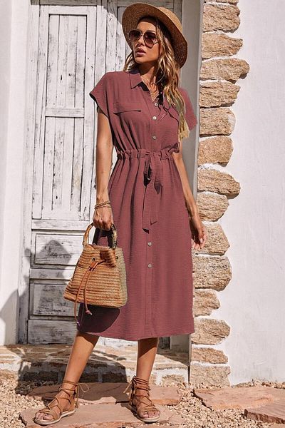 Madmext Mg1743 Model Red Long Shirt Collar Dress