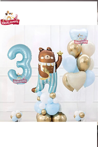 Bkmc Cute Teddy Bear Bear Foil 3 Year Old Blue Foil Birthday Party Set Ornament