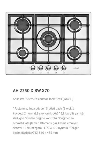 Eminçelik Ec-ah 2250 Bw X70 Dng Ankastre Gömmeli 70 Cm Paslanmaz Inox Ocak (SANCAK ALİMER)