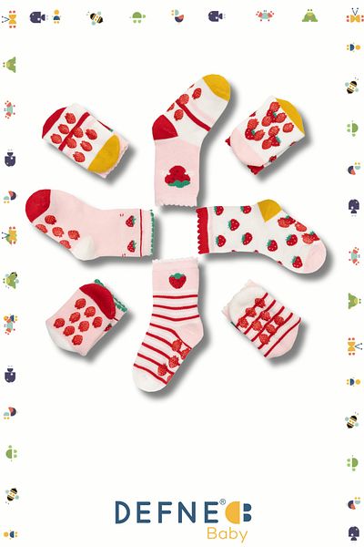 Defne Baby 4 Pairs of Towel Cotton Winter Strawberry Patterned Girls' and Baby Socks