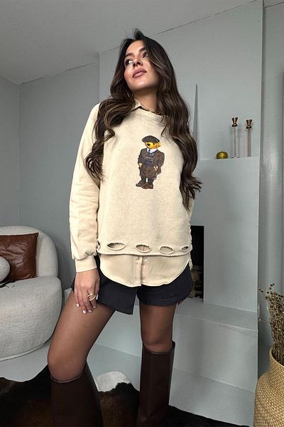 Sohotique By P Hanorac lavabil cu imprimeu Teddy cu detaliu rupt - Piatra