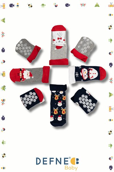 Defne Baby 4 Pairs of Towel Cotton Winter, Christmas Patterned Children's and Baby Socks