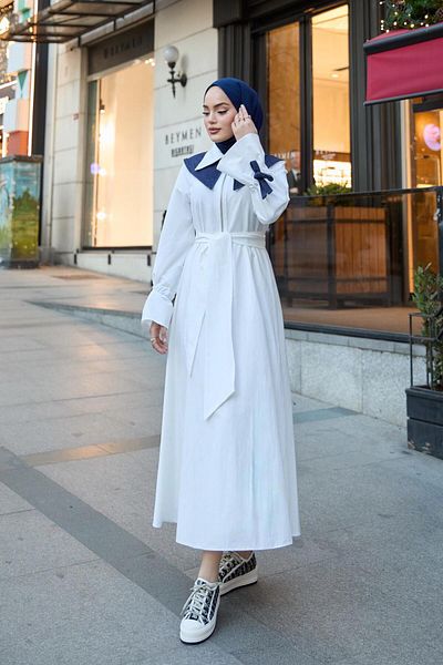 QUQA Poplin Ecru Dress - Denim Collar