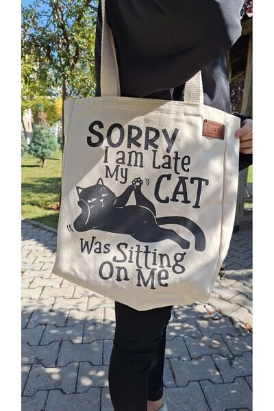 Luvili Çanta Baskılı Körüklü, Kanvas Bez Çanta, Late My Cat | Kedili Çanta