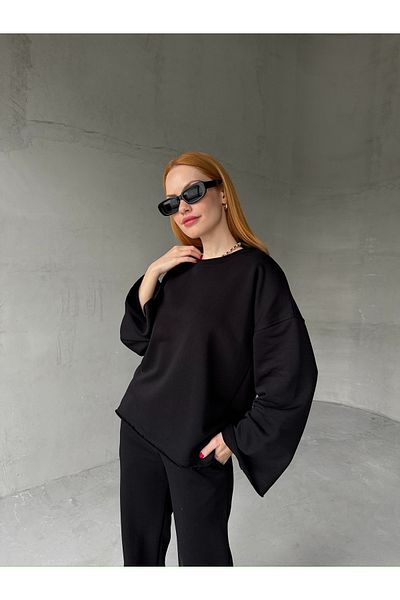 Cappmoda TKM-1201 بلوزة سوداء مخيطة فضفاضة موديل Palazzo Pants طقم مكون من خيطين موسمي
