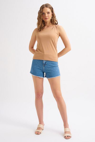Quzu Thick Strap Basic Blouse Camel
