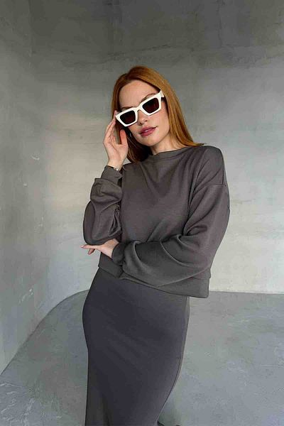 Cappmoda Tkm-1108 Anthracite Modal Υφασμάτινη Μπλούζα Pencil Φούστα Διπλό Σετ