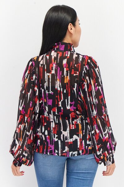 Esprit Women Mock Neck Balloon Sleeves Abstract Printed Blouse, Black Combo