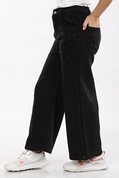 ModiClas % 100 Pamuk-Denim-Jeans-Taşlı-Palazzo-Yarım Lastikli-Kız Çocuk Pantolonu