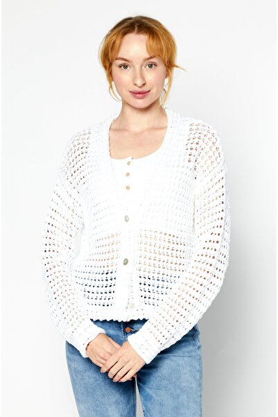 Vince كارديجان كروشيه بأكمام طويلة ورقبة على شكل حرف V للنساء، أبيض