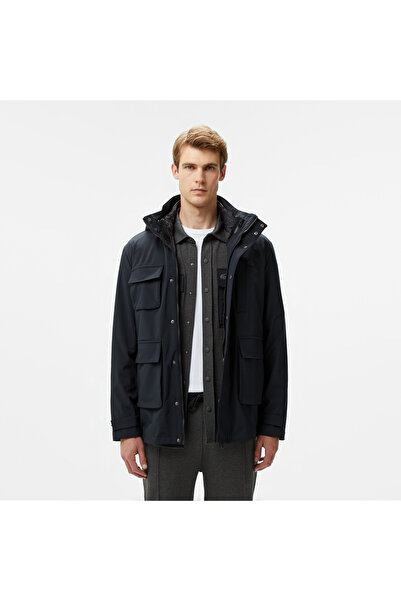 Lacoste Erkek Regular Fit Kapüşonlu Baskılı Siyah Yağmurluk