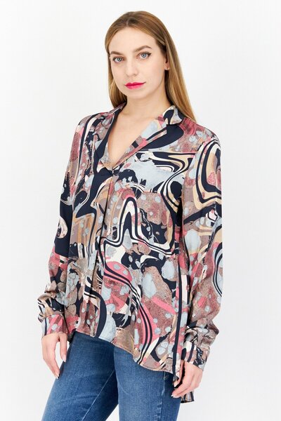 Esprit Women Split Neck Long Sleeve Printed Blouse, Taupe/Navy Combo