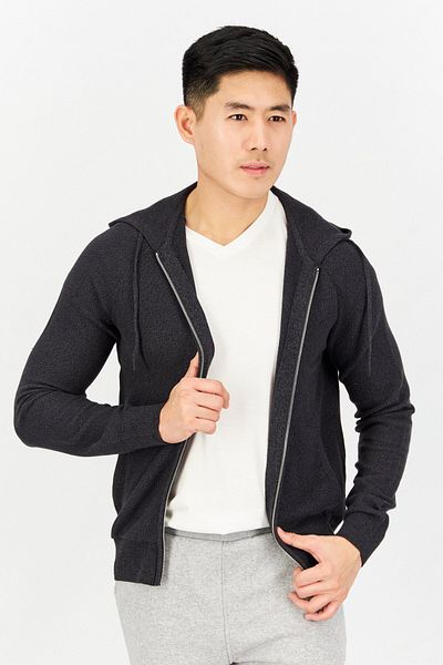CELIO Men Hood With Drawstring Long Sleeve Knitted Hoodie, Dark Grey