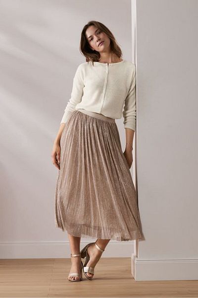 Tchibo Women Metallic Pleated Skirt, Light Brown
