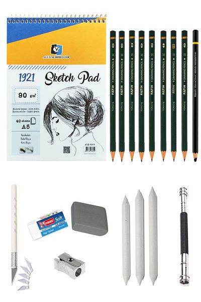 ACUTO Alex A5 Sketchbook 90 gr Charcoal Drawing Set Sketch Set Dough Eraser Charcoal Pencil Pastel Dispenser