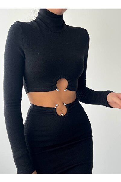 bayansepeti High-Top Black Knitwear Crop Blouse and Midi Skirt - Accessory Suit 336