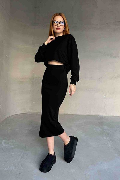 Cappmoda Tkm-1108 Bluză din țesătură modal neagră Fusta creion Set dublu
