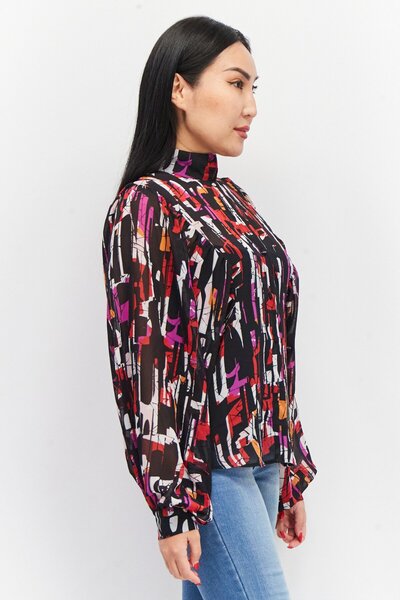 Esprit Women Mock Neck Balloon Sleeves Abstract Printed Blouse, Black Combo