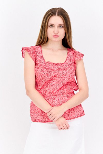 Hilfiger Denim Women Scoop Neck Ruffle Sleeve Allover Print Top, Red