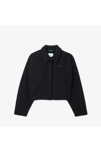 Lacoste Kadın Oversize Fit Gömlek Yaka Yün Siyah Mont