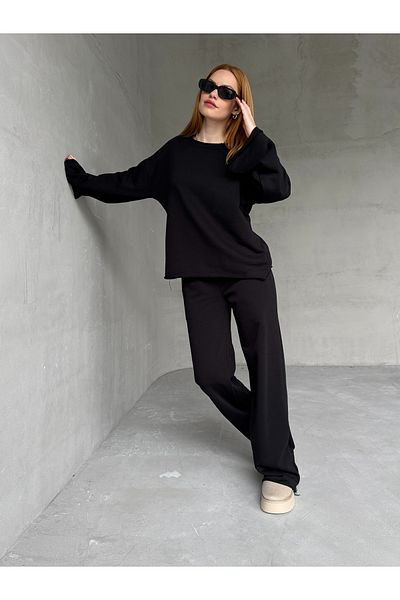 Cappmoda TKM-1201 بلوزة سوداء مخيطة فضفاضة موديل Palazzo Pants طقم مكون من خيطين موسمي