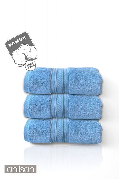 Anılsan Pachet de 3 prosoape de mână cu chenar super moale albastru - 50x90 cm, 250 gr, 100% bumbac, prosoape spa și hotel