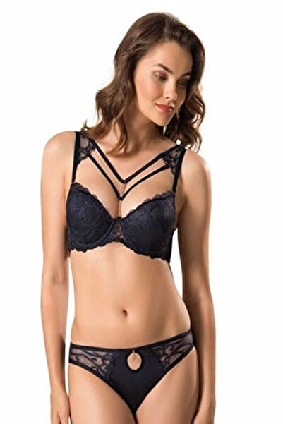 Nurteks 5010 Embroidery Covered Stone Silicone Bra Set Black