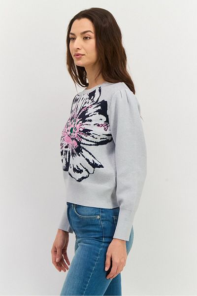 Pepe Jeans سترة نسائية بأكمام طويلة ورقبة دائرية ونقشة زهور، رمادية